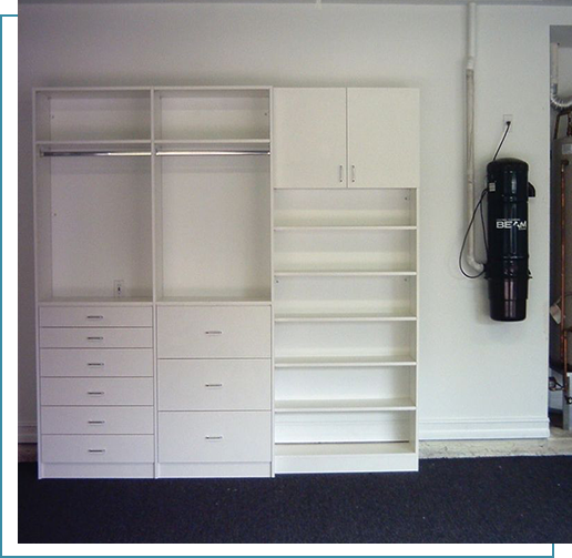A white closet with many drawers and shelves.